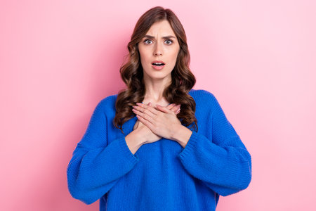 Photo of shocked impressed lady wear trendy clothes two arm pointing herself panic bad news information isolated on pink color backgroundの写真素材