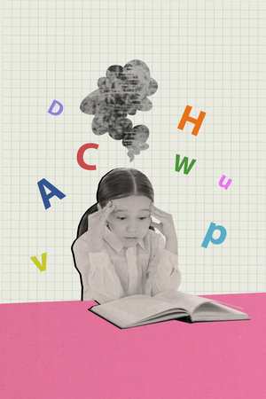 Vertical photo collage of stressed small schoolkid girl learning english foreign language alphabet difficult memory taskの写真素材