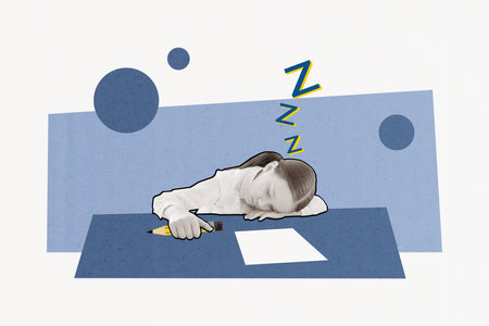 Artwork creative collage of exhausted little girl pupil learn sit lay table desk near copybook fell asleep see dreams zzz sleepyの写真素材