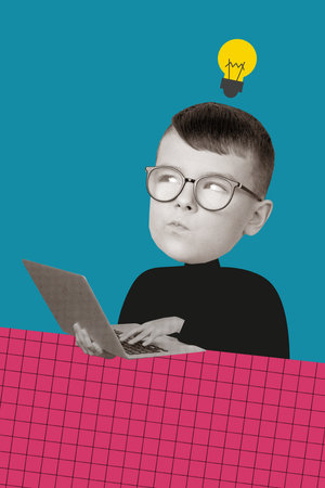 Composite photo creative collage of funny schoolboy academic writing laptop message courses online eureka idea isolated on blue backgroundの写真素材