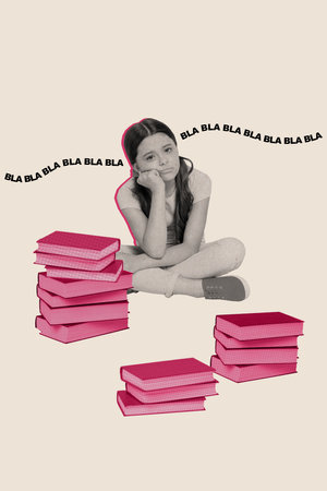 Vertical picture collage of stressed sad small girl pupil learn read book pile difficult homework task preparing exam testの写真素材