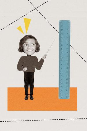 Vertical artwork collage of diligent pupil boy A student hold pointer learning new geometry theorem make measure use rulerの写真素材