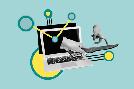 Collage black white picture image of human arms hold knife modern netbook laptop wifi connection...
