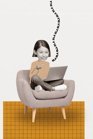 Photo of little cute schoolgirl distance laptop conference lecture teacher say blah blah boring information isolated on white backgroundの写真素材