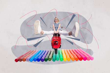 Collage banner advert of young crazy woman riding scooter hobby colorful felt tip pen marker highlighters isolated over grey backgroundの写真素材