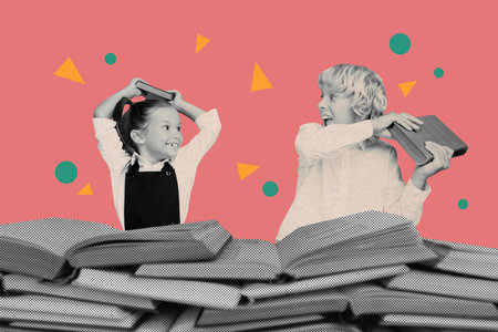 Creative collage classmates little boy with girl school learning battle books playing while lesson starts isolated on red backgroundの写真素材