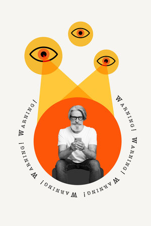 Creative template collage cyber hack account phone gadget mature age man using device eyes insecure...