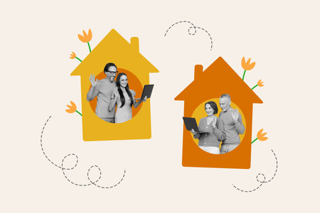Creative abstract template collage of best friends middle age wave hands meeting conference network online house flowers stay homeの写真素材