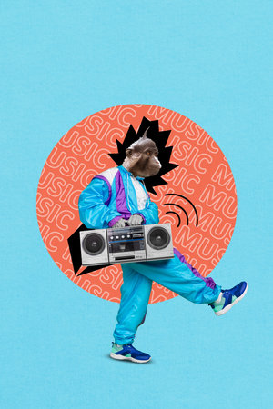 Collage illustration abstract chimpanzee animal head mask wear sportive clothes listen boombox premium isolated on blue backgroundの写真素材
