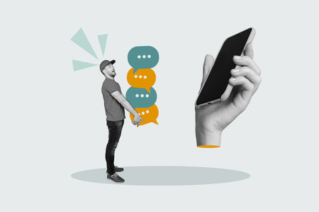 Picture 3d collage template sketch of funny guy courier postman deliver post email letter sms isolated on drawing backgroundの写真素材