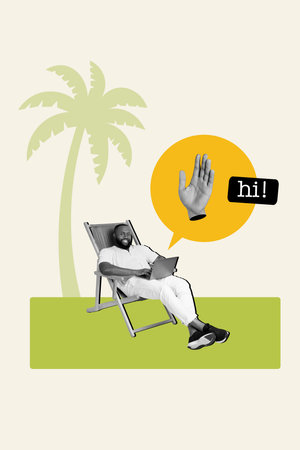 Vertical collage of young businessman work remote netbook greetings while abroad vacation tropics climate isolated on drawn backgroundの写真素材