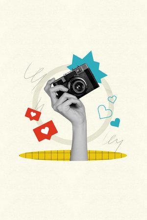 Vertical creative composite sketch photo collage of arm holding vintage camera doing photo in social media isolated painted backgroundの写真素材