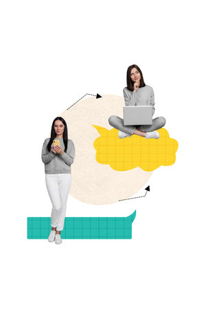 Vertical creative composite photo collage of friendly girls communicating in comfortable cross...