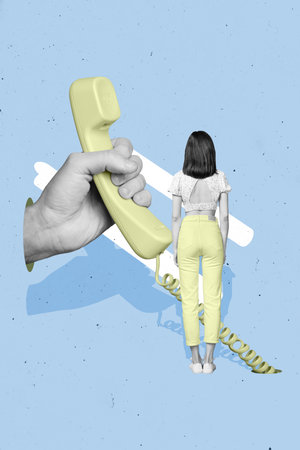 Vertical creative composite photo collage of girl stand back near large arm hold retro landline...