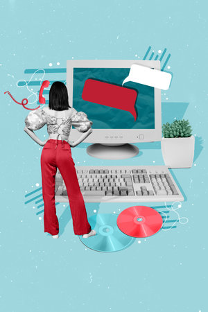 Vertical creative photo collage of confident woman talking on landline phone chatting on old...