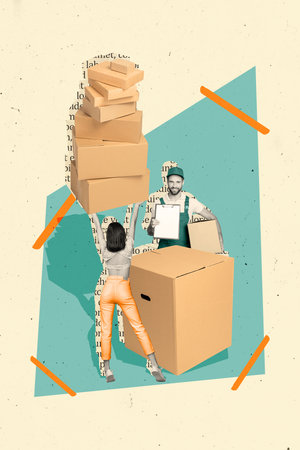 Vertical creative composite photo collage of strong woman hold boxes over head receive post sign blank isolated on beige color backgroundの写真素材
