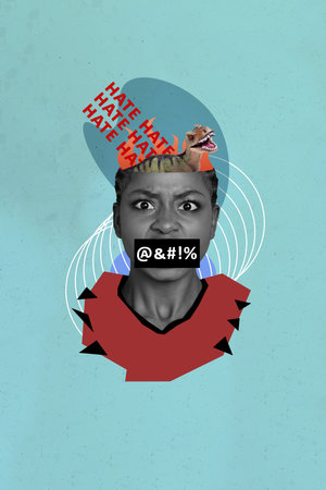 Vertical collage image of black white effect unsatisfied outraged girl yell hate fire flame mini...