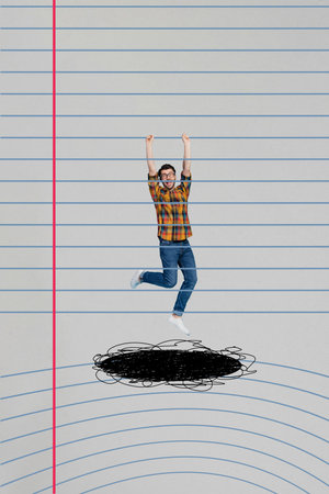 Vertical collage image of impressed frightened mini guy arms hold copybook paper page stripe line...
