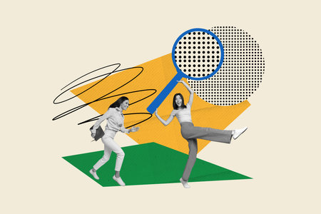 Composite abstract sketch photo collage of funny nice girl searching for job with hr recruiter isolated on creative colorful backgroundの写真素材