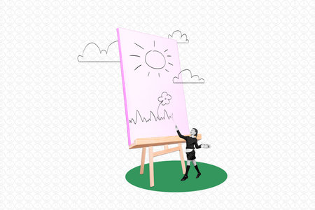 Creative collage portrait of mini black white effect girl drawing flower sun clouds big canvas paper isolated on white painted backgroundの写真素材