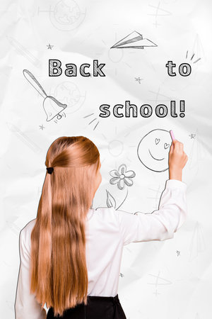 Vertical photo collage artwork of drawing little schoolgirl chalkboard crayons smile emoji flowers template isolated over white backgroundの写真素材