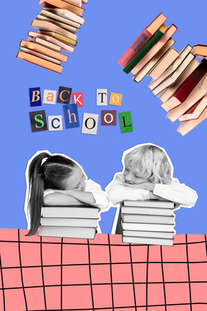 Vertical collage picture of two black white colors kids sleep pile stack book back to school isolated on creative backgroundの写真素材