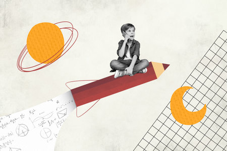 Autumn back to school boy first september collage concept illustration of funny flying air rocket pencil dream isolated on grey backgroundの写真素材
