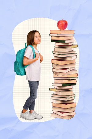 Vertical collage of mini positive girl carry rucksack look fresh delicious apple fruit top big pile stack book isolated on blue paper backgroundの写真素材