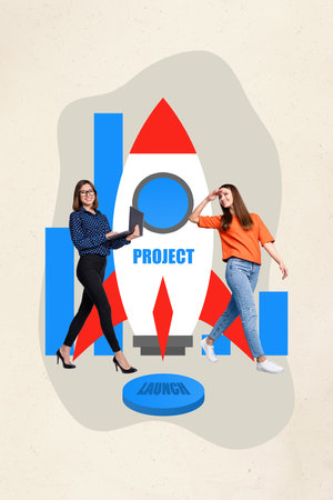 Vertical composite collage of young two colleagues flying launch project rocket diagram women business team isolated on beige background