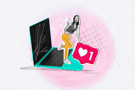 Composite collage image of cheerful black white effect mini girl stand netbook hold like...
