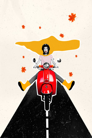 Collage artwork graphics picture of impressed funky lady riding scooter enjoying autumn weather isolated painting backgroundの写真素材