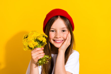 Photo portrait of adorable schoolgirl touch cheek admire dandelion bouquet dressed stylish white outfit isolated on yellow color backgroundの写真素材