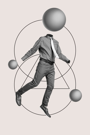 Collage black white gamma picture of weird unusual faceless guy fly air no hands head isolated on grey color backgroundの写真素材