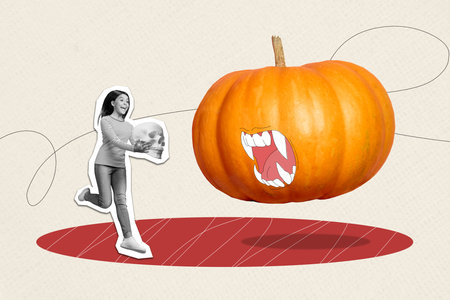 Sketch 3d picture collage of crazy funky girl carry dead head huge scary mystical pumpkin sharp teethの写真素材
