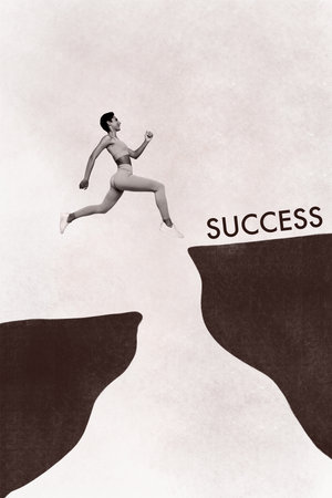 Image sketch collage of purposeful sporty girl jumping through barrier running forward dream isolated on painted backgroundの写真素材