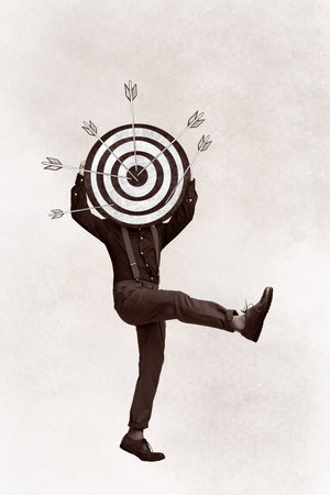 Picture black white image collage of funky guy hand hold darts board play game isolated on drawing backgroundの写真素材