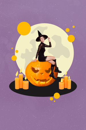 Creative trend collage of young beautiful female witch costume sit pumpkin candle fire halloween party magazine posterの写真素材