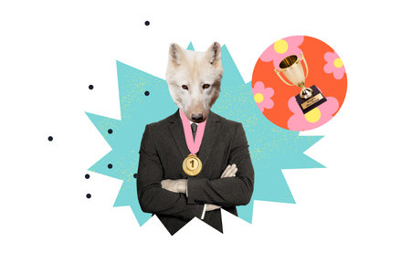 Creative collage of wild wolf businessman mask white face dog folded hands leader win world best person goblet isolated on white backgroundの写真素材