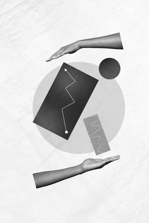 Vertical collage picture of two black white colors arms palms hold geometric figures growing upwards arrow stats isolated on paper backgroundの写真素材
