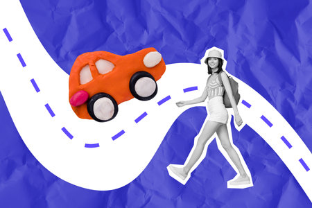 Collage design of young girl walk with backpack tourist explore country drive plasticine toy auto isolated on blue crumpled backgroundの写真素材