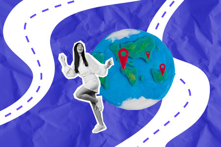Magazine creative collage of funky young traveler woman wanderlust plasticine earth geotags road continents isolated over blue backgroundの写真素材