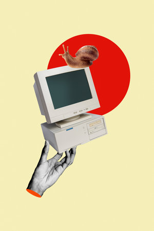 Creative photo 3d abstract image collage retro old personal computer display slow connection wild...
