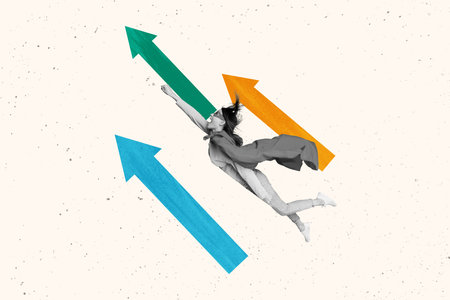 Creative collage picture of excietd black white colors supergirl raise fist flying upwards arrow pointers isolated on painted backgroundの写真素材