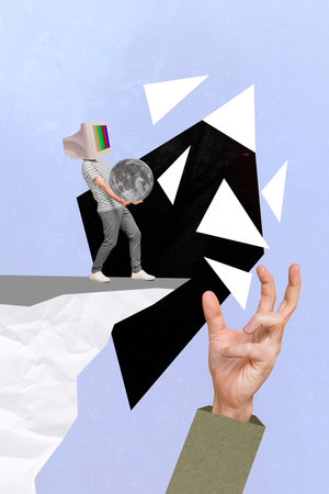 Vertical collage picture of big arm damage rock mini guy pc monitor instead head hold moon stand cliff isolated on creative backgroundの写真素材