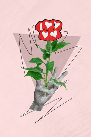 Vertical collage picture of black white colors arm hold flower heart like notification petals isolated on drawing pink backgroundの写真素材