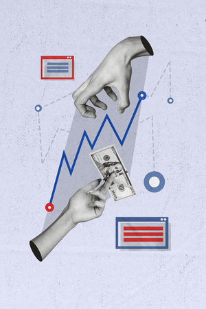 Vertical collage image of black white arm hold give dollar bill claws fingers growing stats chart isolated on blue paper backgroundの写真素材