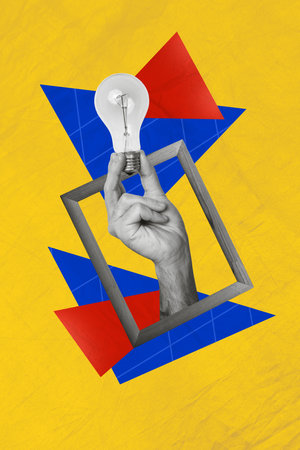 Collage conceptual image of human arm showing bulb great excellent idea plan solution decision isolated on drawing backgroundの写真素材