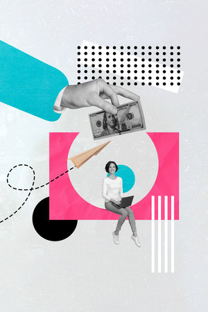 Creative abstract miniature illustration collage of young girl sending message her employer for extra cash isolated on grey backgroundの写真素材