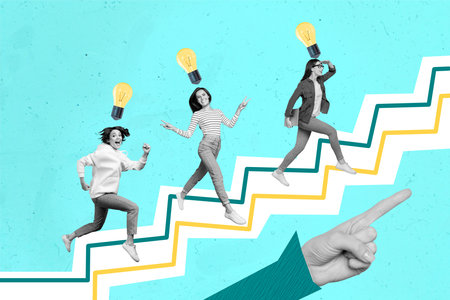 Collage artwork picture of excited funny ladies have many working ideas isolated teal color backgroundの写真素材