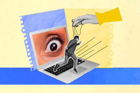 Collage sketch image of eye peeping modern gadget screen hand hanging working isolated painting backgroundの写真素材